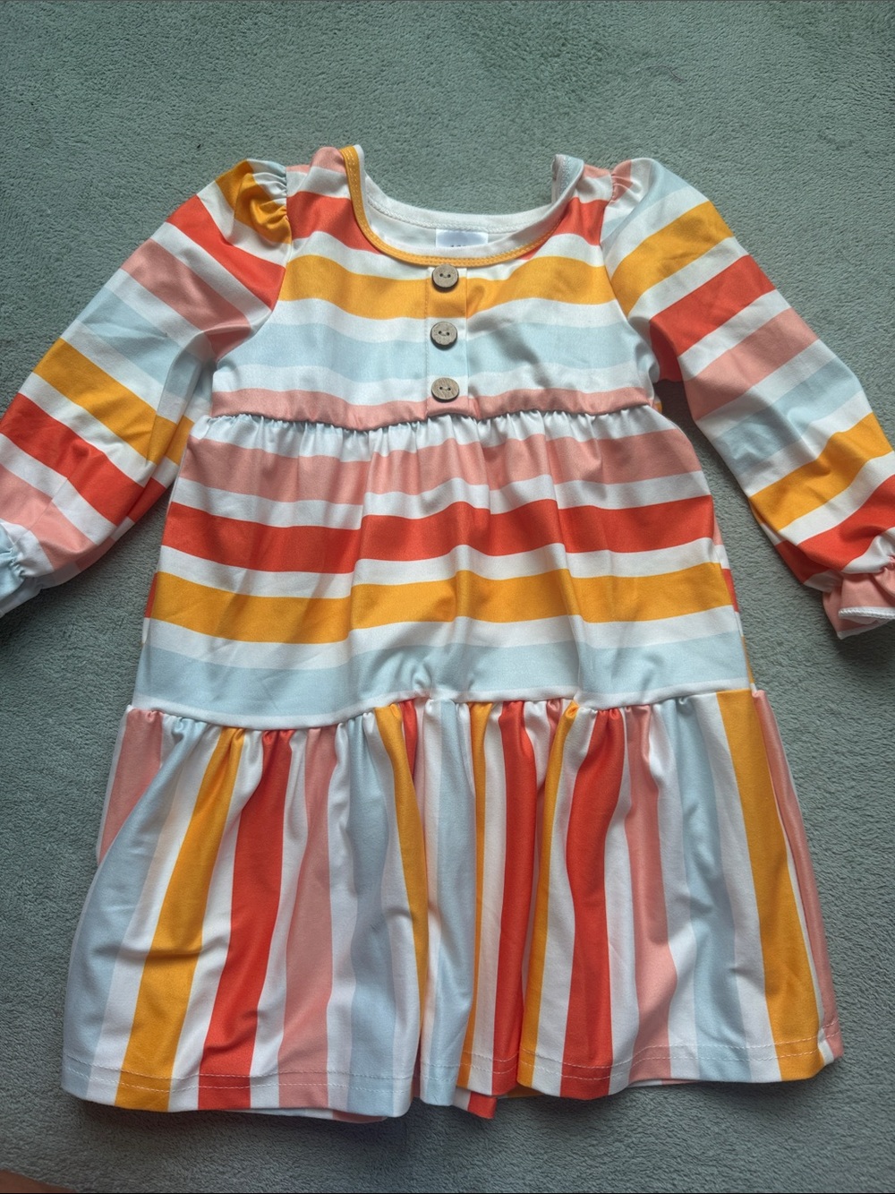 Girls Long Sleeve Stripe Tiered Dress - White, Coral, Mustard